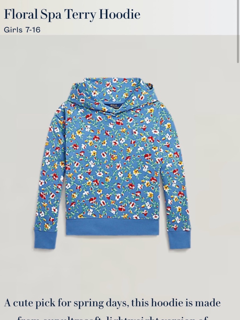 Polo Floral Spa Terry Hoodie in Blue